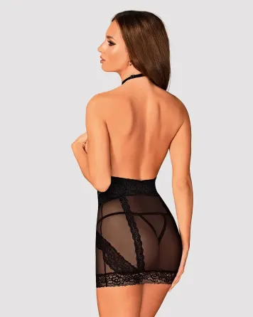 Напівпрозора сорочка з відкритими грудьми Obsessive Lacrisia chemise XL/2XL, чорна, з чокером Львів