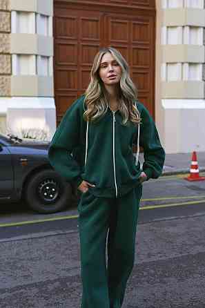 Жіночий прогулянковий теплий костюм: кофта та штани з турецької тринитки на флісі Смарагдовий Одеса