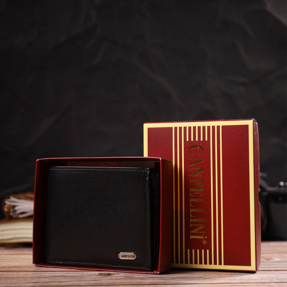 Удобное горизонтальное мужское портмоне из натуральной гладкой кожи CANPELLINI 21779 Черное Киев - изображение 10