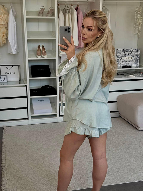 Жіночий літній костюм-двійка: сорочка та шорти з рюшами льон Бірюза Одеса - фото 2