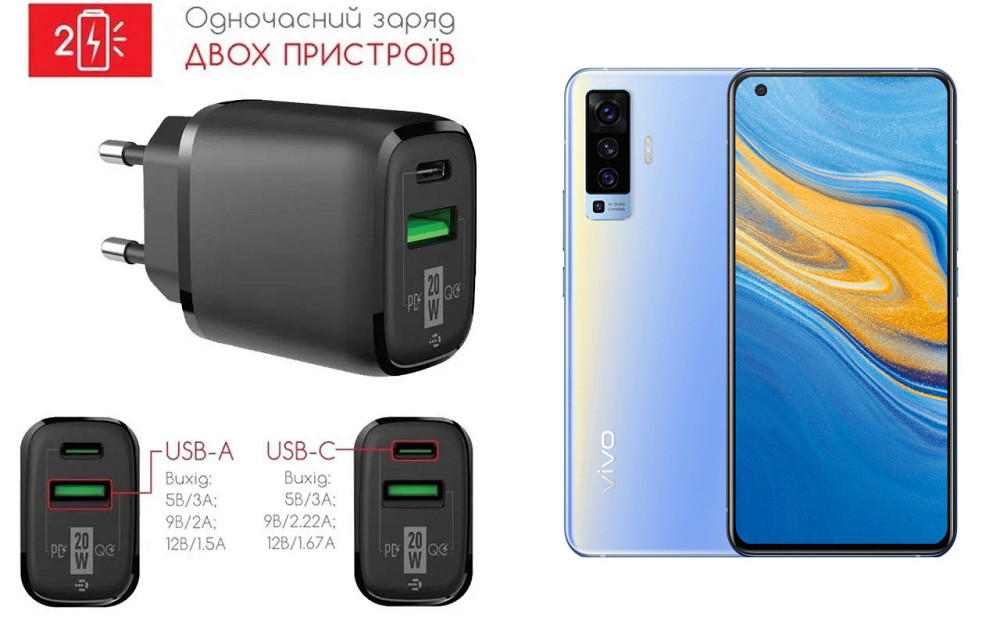 Сетевое зарядное устройство для Vivo X50, 20W 3A, Quick Charge 3.0 Киев - изображение 1