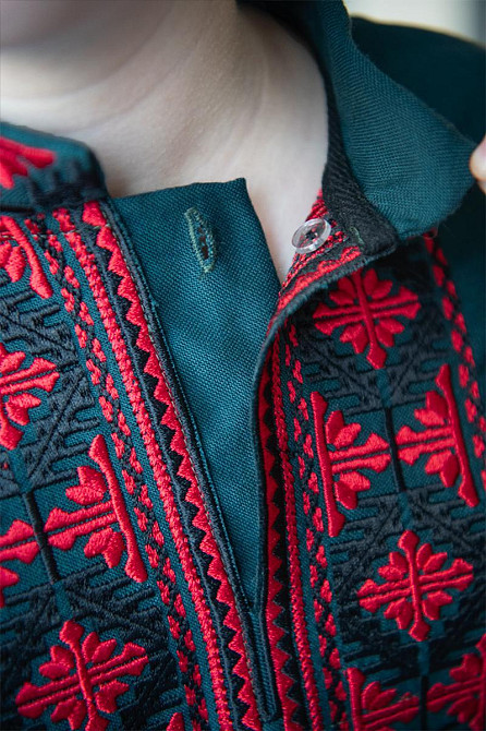 Вишиванка для хлопчиків із довгим рукавом лляна, смарагдова топ Київ - фото 3