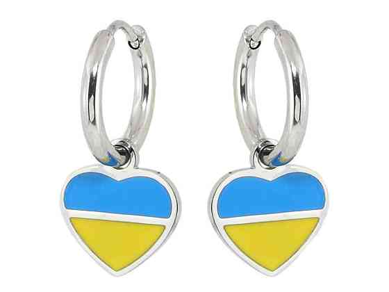 Сережки TTM Stainless Steel колір Родій підвіски на колечках Сердечки Патріотичні жовто- блакитні (169102) ТМ Київ