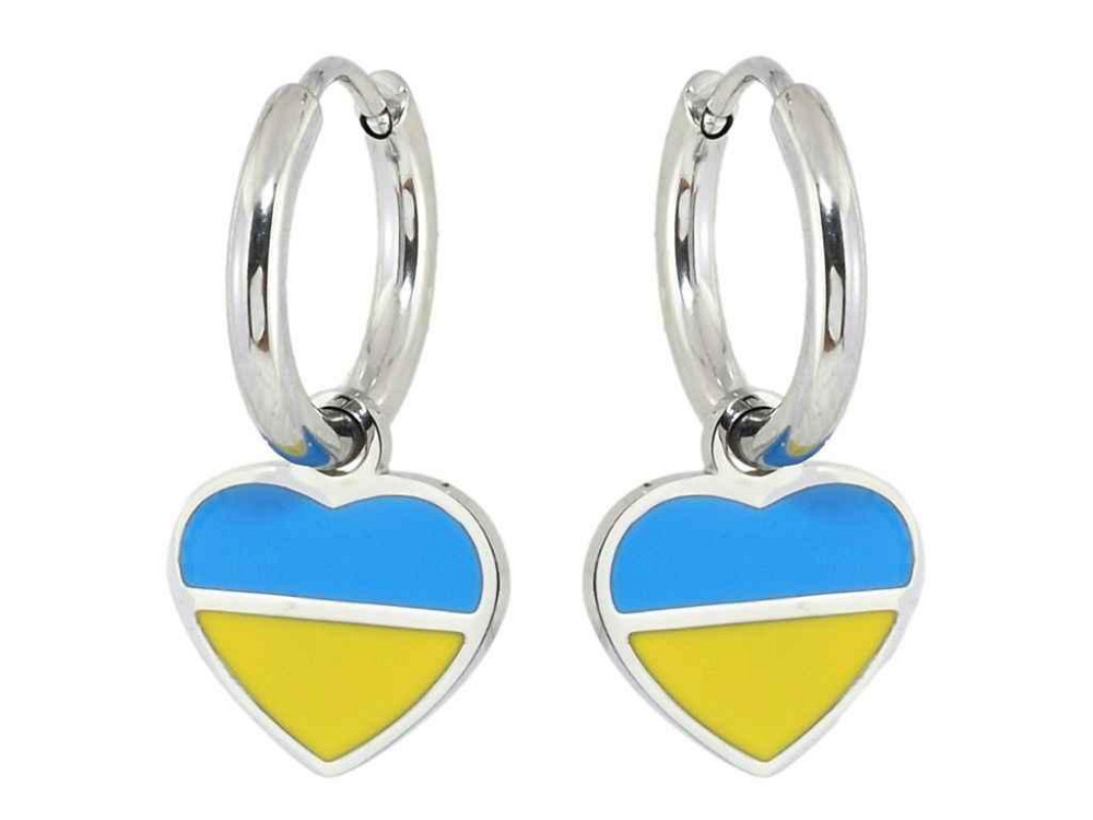 Сережки TTM Stainless Steel колір Родій підвіски на колечках Сердечки Патріотичні жовто- блакитні (169102) ТМ Київ - фото 1