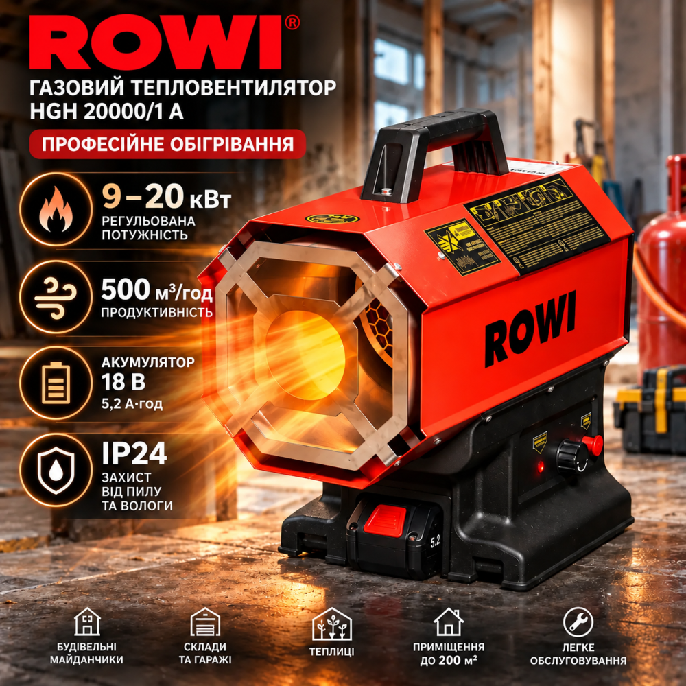 Азовий тепловентилятор ROWI HGH 20000/1 A 20 кВт, акумулятор 18 В 5,2 А·год, 9–20 кВт, 500 м³/год, IP24 Київ - фото 7