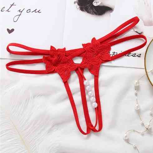 Еротичні трусики червоні жіночі з розрізом та перлинами - розмір універсальний (на резинці) Київ