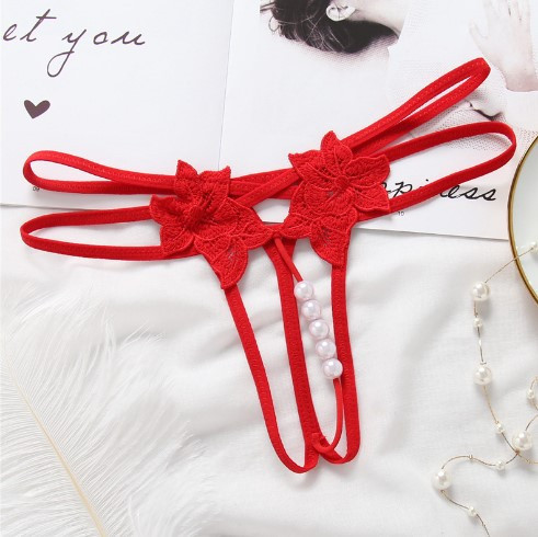 Еротичні трусики червоні жіночі з розрізом та перлинами - розмір універсальний (на резинці) Київ - фото 1