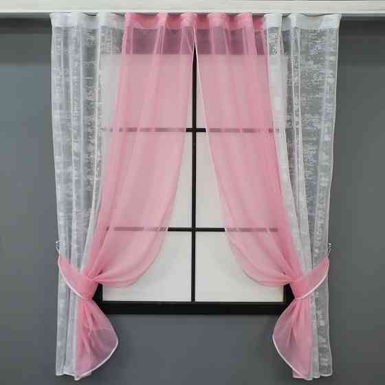 Кухонные шторки VR-Textil № 083к с подвязками белый с розовым 280х170 см (52-0912) Киев