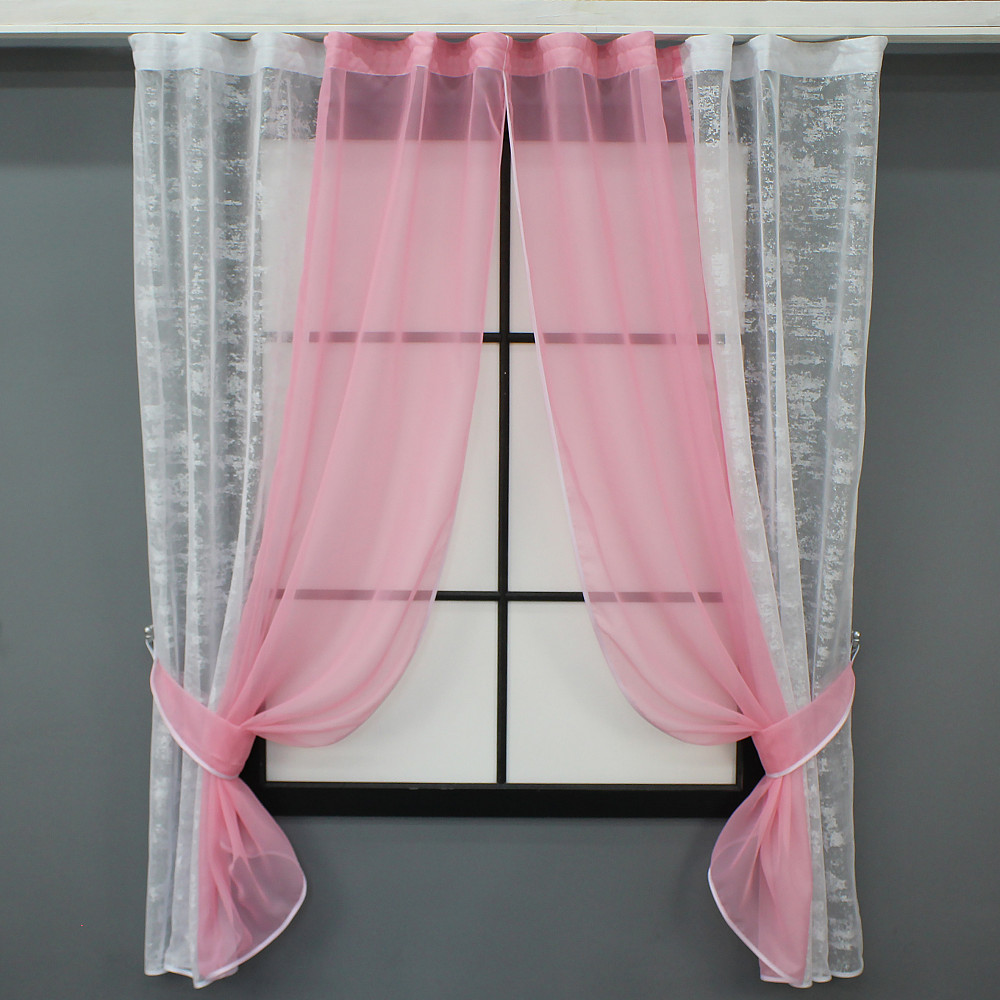 Кухонні шторки VR-Textil № 083к з підв'язками білий із рожевим 280х170 см (52-0912) Київ - фото 1
