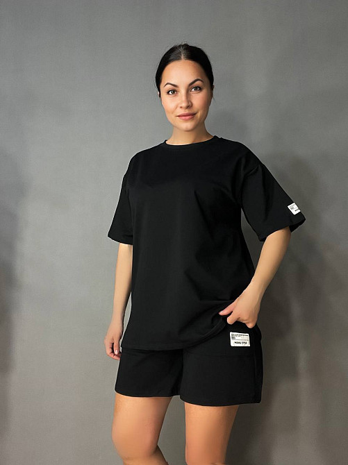 Костюм жіночий Aidin 201 футболка та шорти з нашивкою оверсайз чорний, чорний, S Київ - фото 1