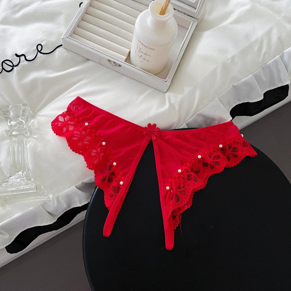 Трусики с жемчугом и разрезом кружевные 42 -44 красный Киев - изображение 1