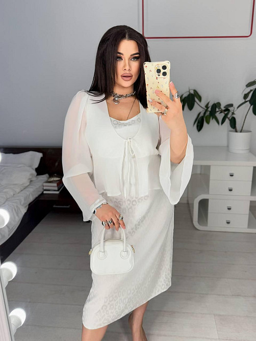 Жіноче базове шовкове плаття та шифонове блуза-плаття-плотний шовк + шифонова кофтинка Молочний, 58/60 Одеса - фото 1