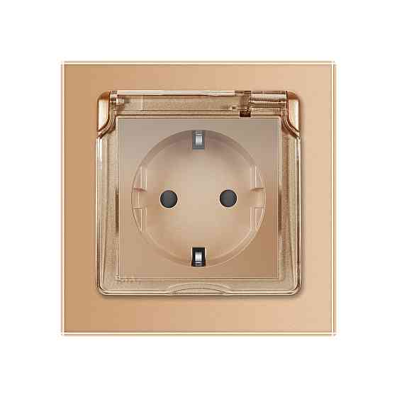 Електрична розетка вологозахисна з кришкою IP44 з заземленням, LIVOLO, золота, скляна рамка, шторки, 250В 16А (VL-C7C1EUWF-13) Коломыя