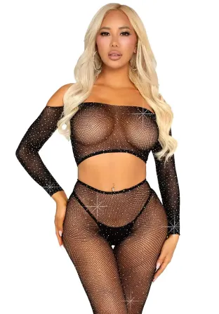 Комплект Leg Avenue Rhinestone Fishnet Crop Top and Legging One Size Black Львів