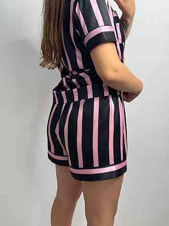 Женская пижама сатиновая Черно-розовый полоска M-L Харьков