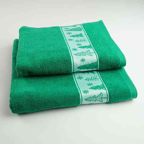Комплект махровых полотенец Новогодние Merry Christmas Елки 2шт GM Textile 50х90см, 70х140см 500г/м2 (Зеленый) Сумы