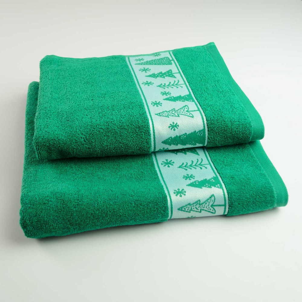 Комплект махровых полотенец Новогодние Merry Christmas Елки 2шт GM Textile 50х90см, 70х140см 500г/м2 (Зеленый) Сумы - изображение 1