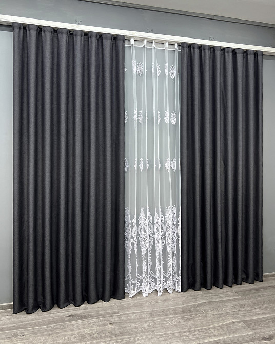 Комплект штор VR-Textil Льон Мішковина 100х270 2шт і Тюль 400х270 1161ш-1571т Графітовий з білим 71-189/2 Київ - фото 3
