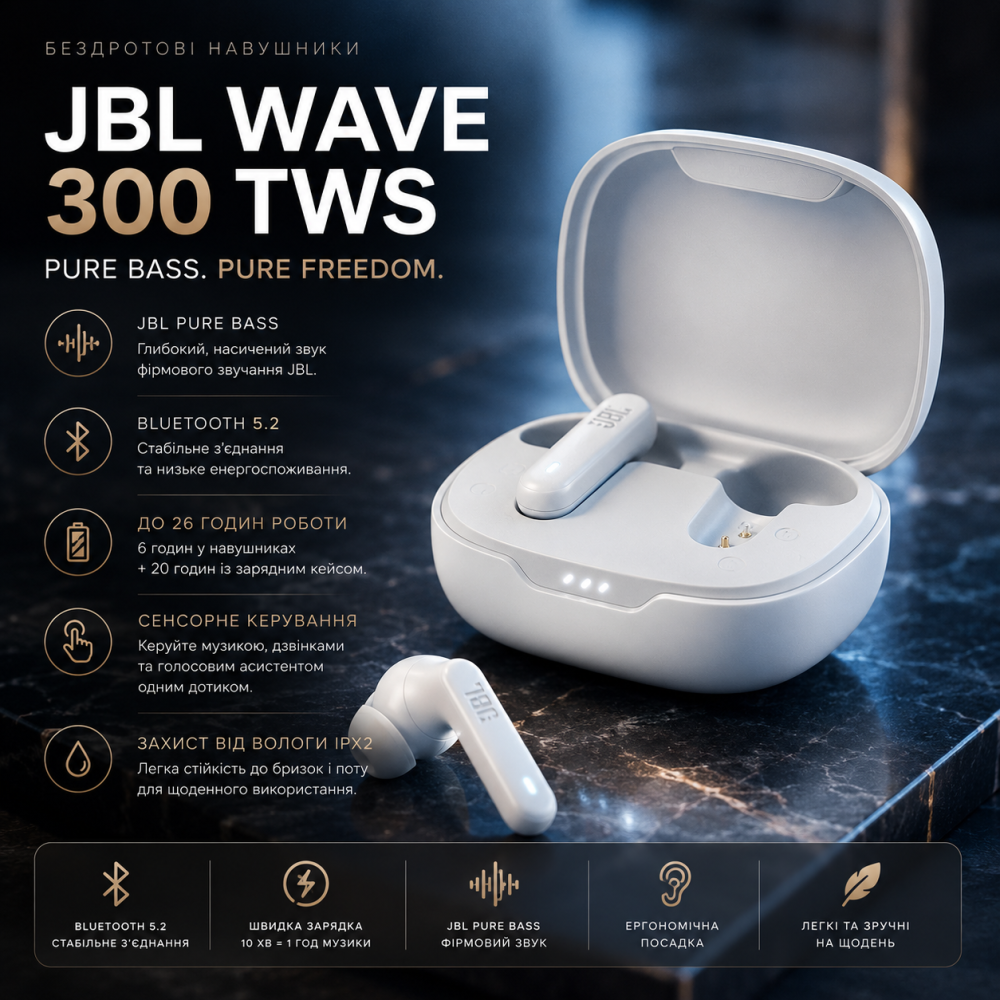 Бездротові навушники JBL Wave 300 TWS Bluetooth 5.2 Вакуумні вкладки з мікрофоном та Pure Bass Білі Київ - фото 1