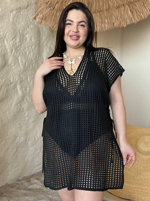 Пляжная туника женская большого размера накидка на купальник PLUS SIZE ажурная короткая свободного кроя черная Одесса - изображение 9