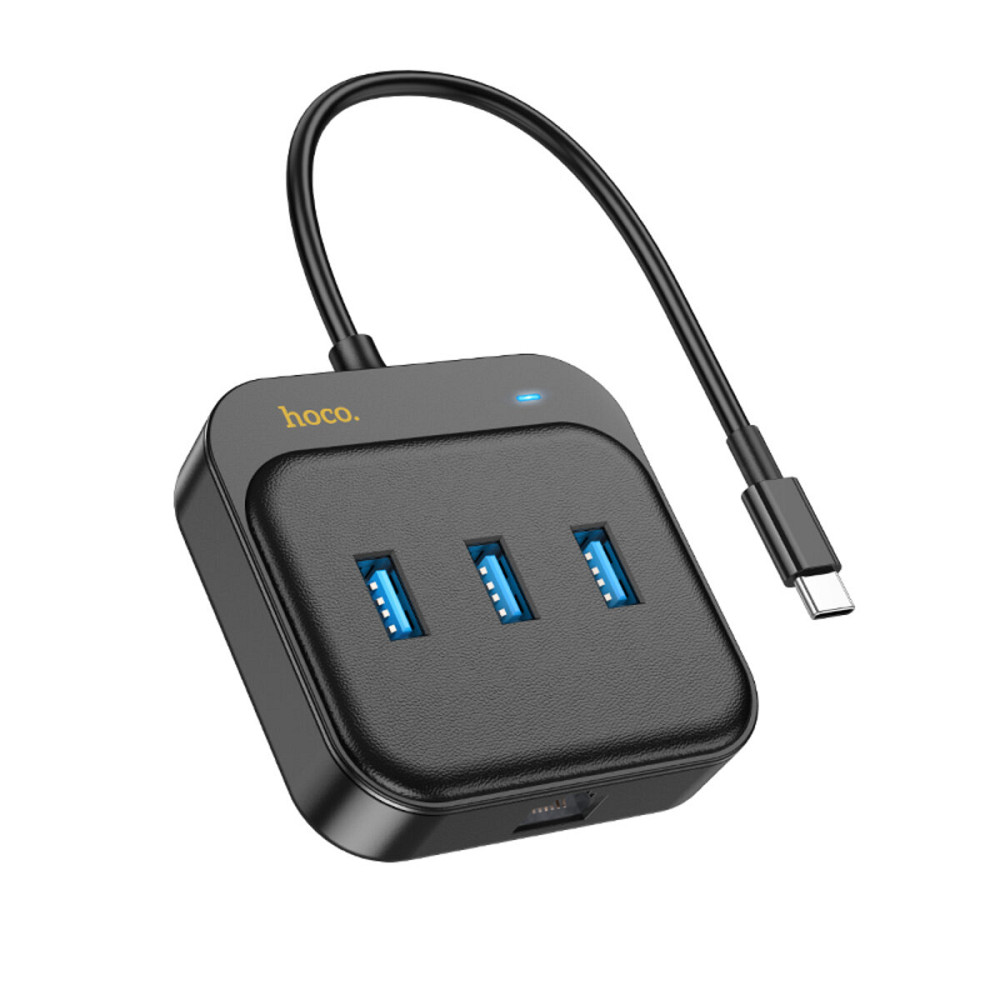 Хаб HOCO HB35 Easy link 4-in-1 Gigabit Ethernet Adapter(Type-C to USB3.0*3+RJ45)(L=0.2M) Black (6931474799005 ) Київ - фото 1
