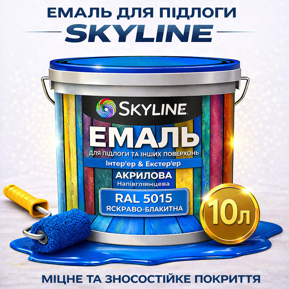 Фарба для підлоги SkyLine RAL 5015 Яскраво-блакитна, вологостійка, зносостійка, без запаху, для дерева та бетону, 10 л Харків - фото 1