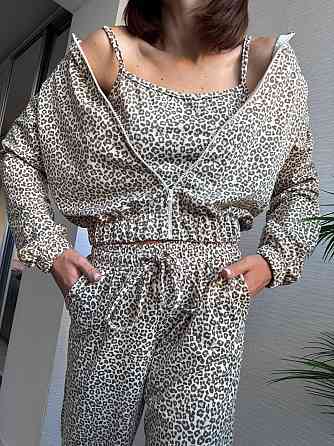 Жіночий леопардовий костюм-трійка з подвійним капюшоном двонитка Беж, 42/44 Одеса