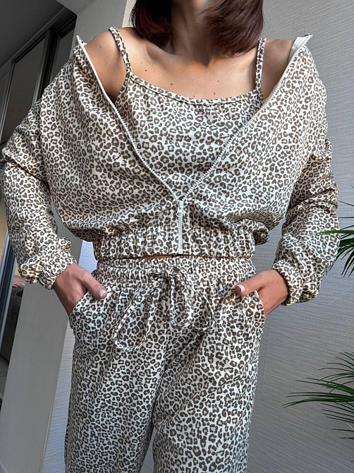 Жіночий леопардовий костюм-трійка з подвійним капюшоном двонитка Беж, 42/44 Одеса - фото 4