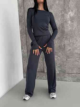 Женский базовый костюм тройка: лонгслив, футболка и штаны микродайвинг Графит Одесса