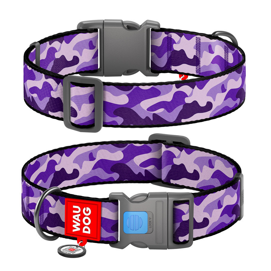 Нашийник для собак нейлоновий WAUDOG Nylon з QR-паспортом, малюнок "Фіолетовий камо", пластиковий фастекс, XXL Вінниця - фото 1