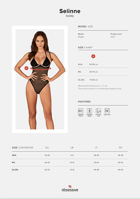 Прозоре боді Obsessive Selinne teddy M/L Black, дрібна сітка, подвійні бретелі Sex Aura Київ - фото 5