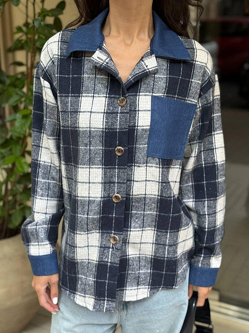 Жіноча стильна картата сорочка з джинсовими вставками турецька байка Сірий, 42/44 Одеса - фото 4