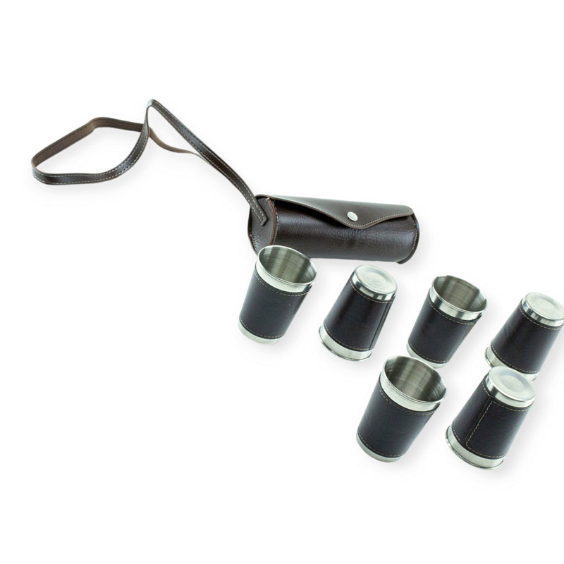 Стакан автомобільний нержавіюча сталь 150 мл у шкіряному футлярі (6шт) з гербом + пояс Мукачево - фото 1