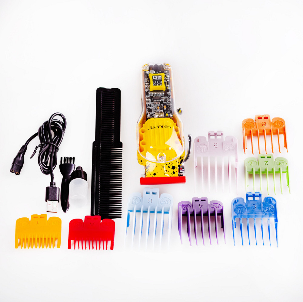 Машинка для стрижки волосся Sokany SK-LF-9970 акумуляторна з 8 насадками Жовтий Київ - фото 5