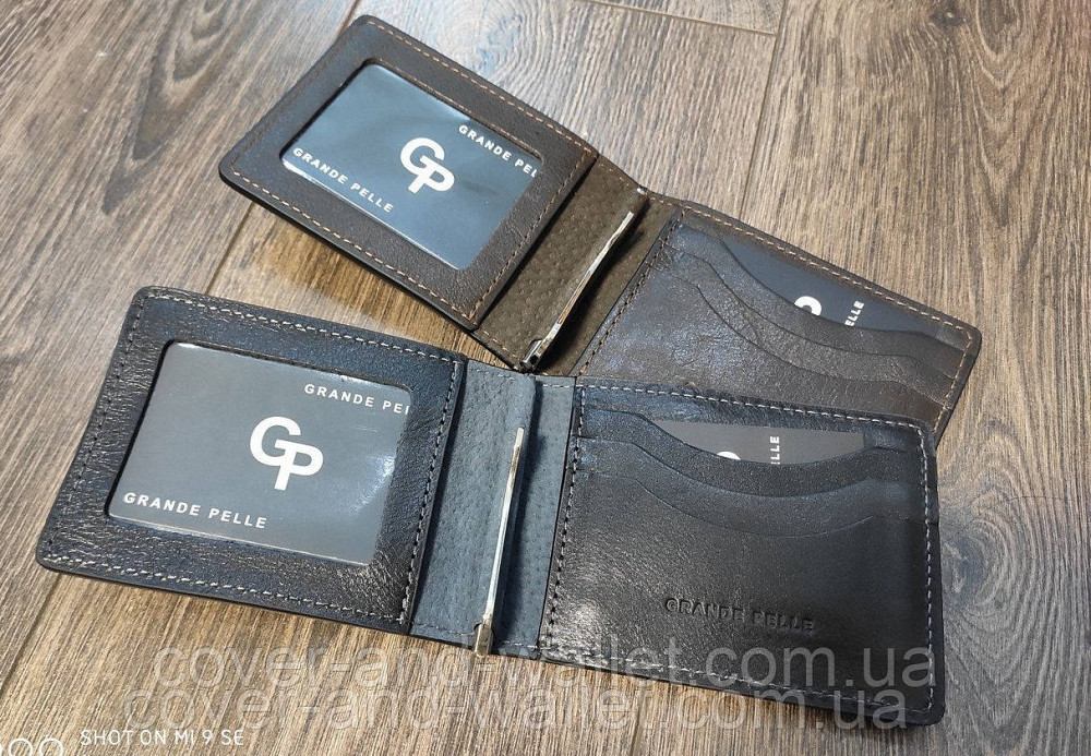 Зажим для денег и карточек из гладкой кожи ручной роботы Grande Pelle Черный Киев - изображение 8