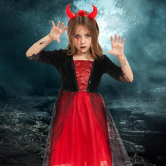 Костюм платье вампира чёртика для девочек красное, комплект на Хэллоуин обруч с рожками наклейки на 105-115 см Киев - изображение 4