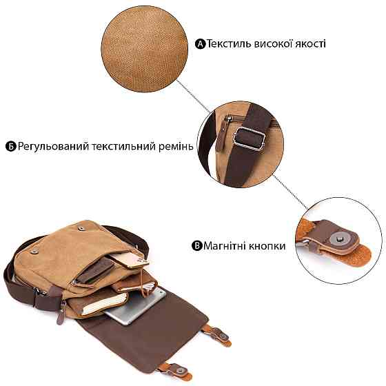 Сумка почтальонка текстильна Vintage 20607 Пісочна Київ