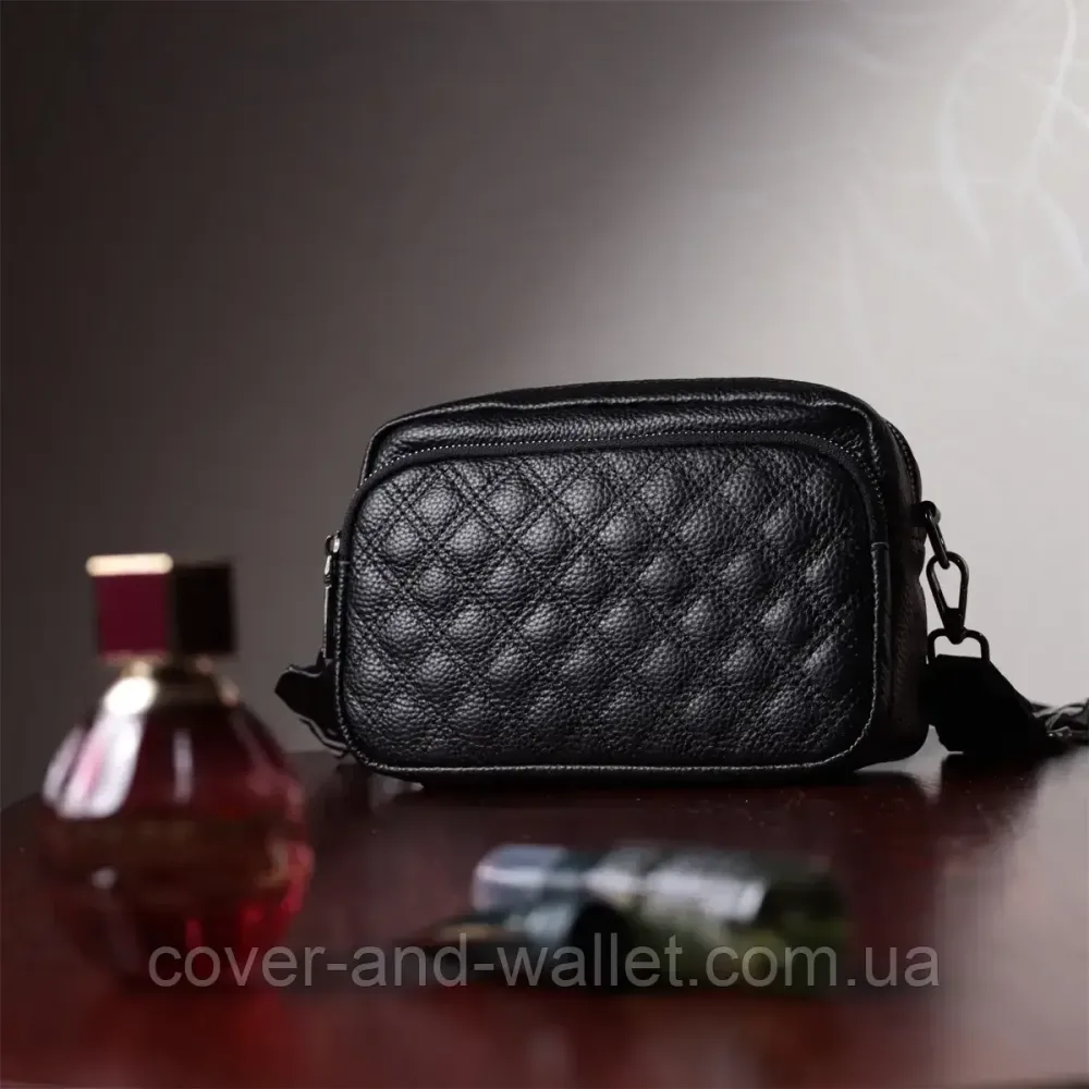 Стильна жіноча сумка чорного кольору із  натуральной шкіри в ромб Київ - фото 8