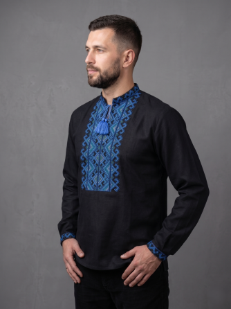 Черная мужская вышиванка из домотканого полотна с ярким орнаментом Киев