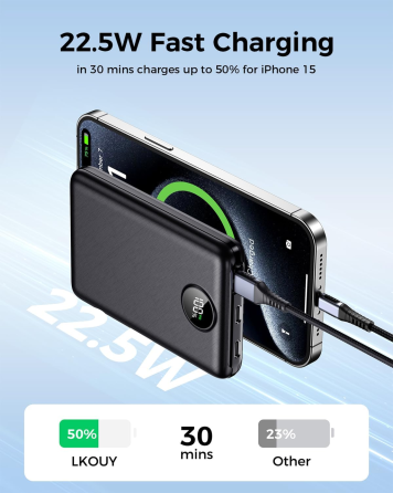 Повербанк LKOY 10000 мАг, 22,5 Вт, швидка зарядка PD 3.0/QC 3.0, 3 порти USB-A/USB-C, LED-дисплей, чорний Київ