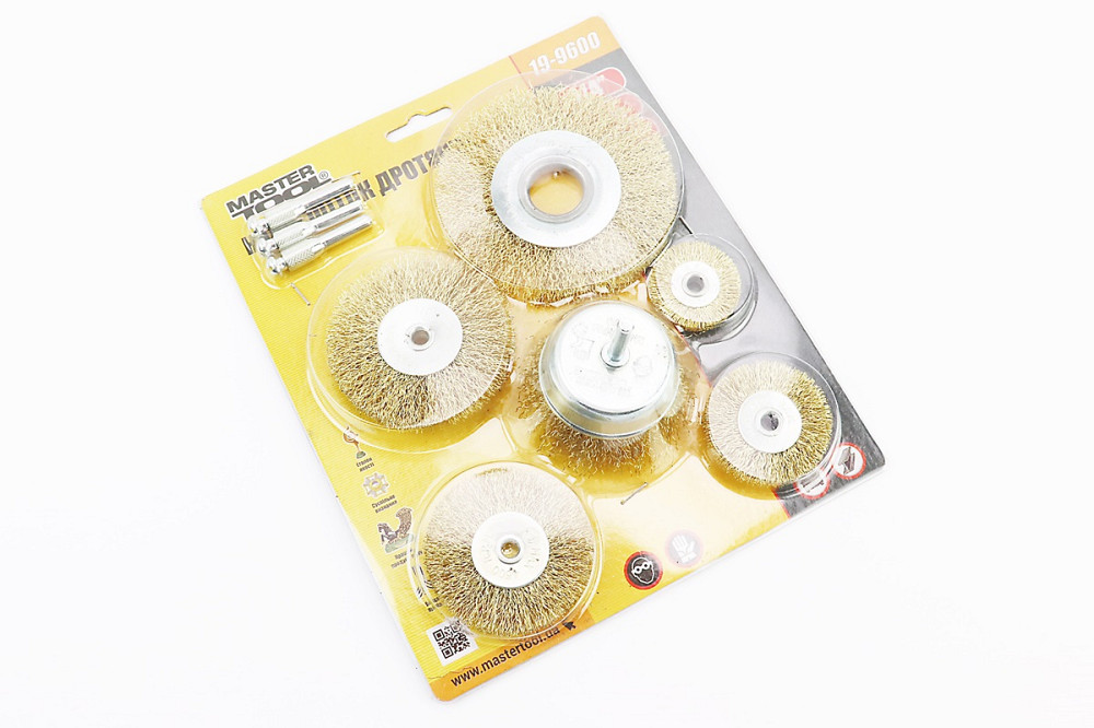 Набір щіток 6шт - торц./диск. зі стрижнем 1/4" D-75//40/50/63/75/100мм з латунованого рифленого дроту 19-9600 Київ - фото 2