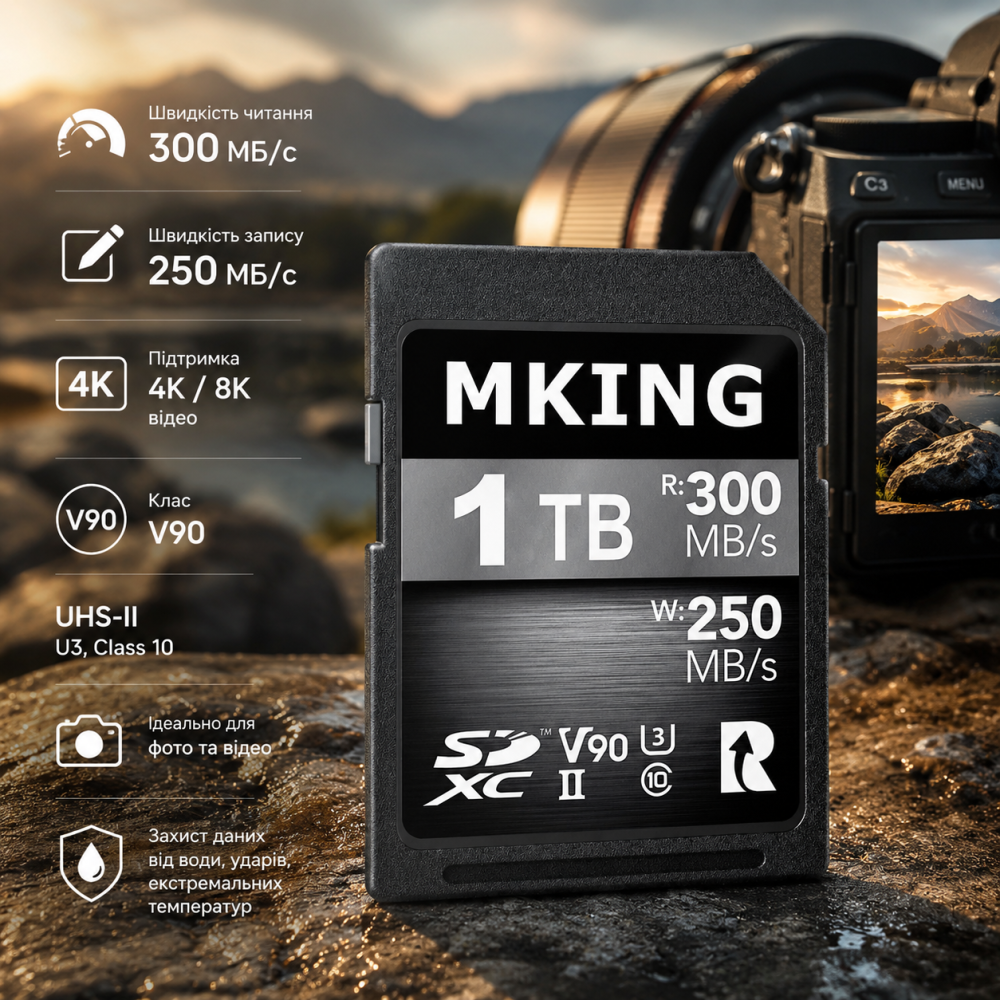 Карта памяти MKING Digital SDXC UHS-II 1 ТБ 1024 ГБ V90, чтение 300 МБ/с, запись 250 МБ/с, для 4K/8K фото и видео Киев - изображение 2