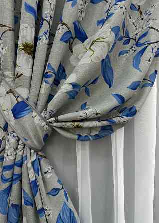 Шторна тканина льон з квітковим принтом, колекція "Прованс" колір світло-сірий з синім 1725ш Київ