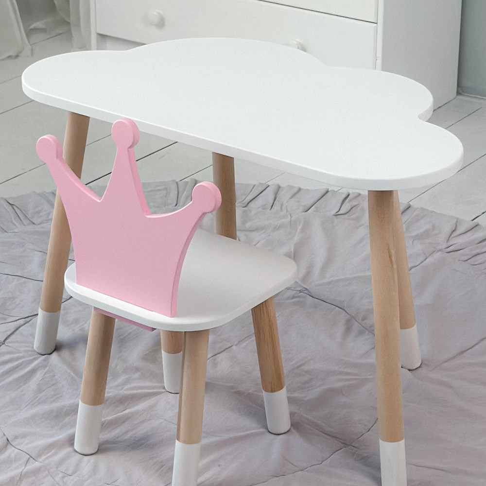 Стіл біле хмаринка 46х70х40 і стільчик корона рожевий 26х26х24, стіл та стілець в дитячу Київ - фото 1