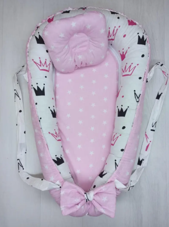 Позиціонер для новонародженого кокон, babynest з ручками, зі знімним дном + подушка BST Корона Рожева Кривий Ріг