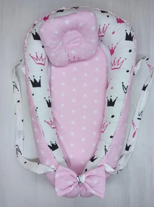 Позиціонер для новонародженого кокон, babynest з ручками, зі знімним дном + подушка BST Корона Рожева Кривий Ріг - фото 1