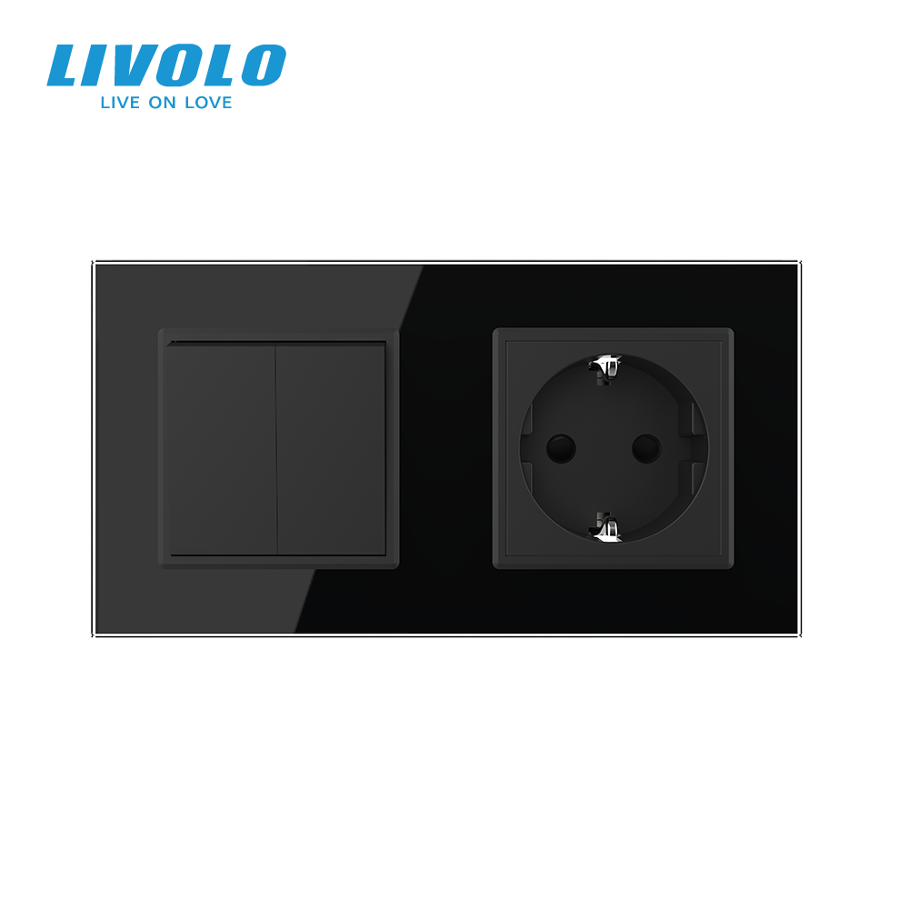 Двоклавішний вимикач з розеткою Livolo чорний скло (VL-C7C1EUK2-12) Коломия - фото 4
