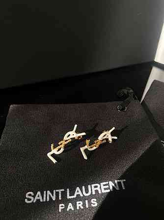 Брендовые серьги гвоздики Saint Laurent, позолота и белая эмаль Одесса