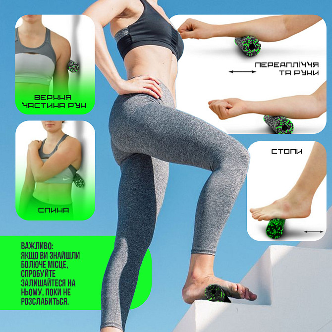Масажний ролик (роллер) гладкий PowerPlay PP-4346 Mini EPP Foam Roller Чорно/Зелений (15x5,3см.) Каменское - изображение 8