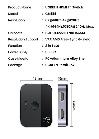 Перемикач HDMI на 2 входи сплітер Ugreen, 8K, 4K, 2,1 Гц CM561 90385 (Сірий) Николаев - изображение 9